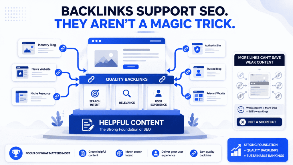 Digital Grow Kit illustration showing helpful content as the SEO foundation supported by quality backlinks