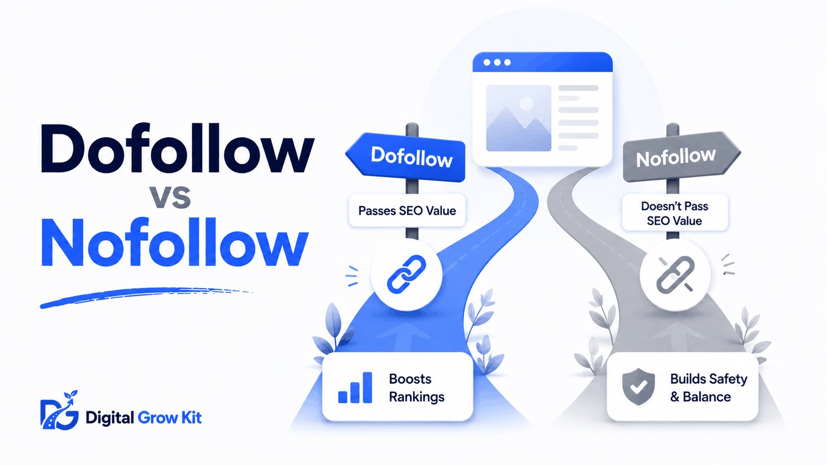 Digital Grow Kit guide explaining dofollow vs nofollow links and how they affect SEO value