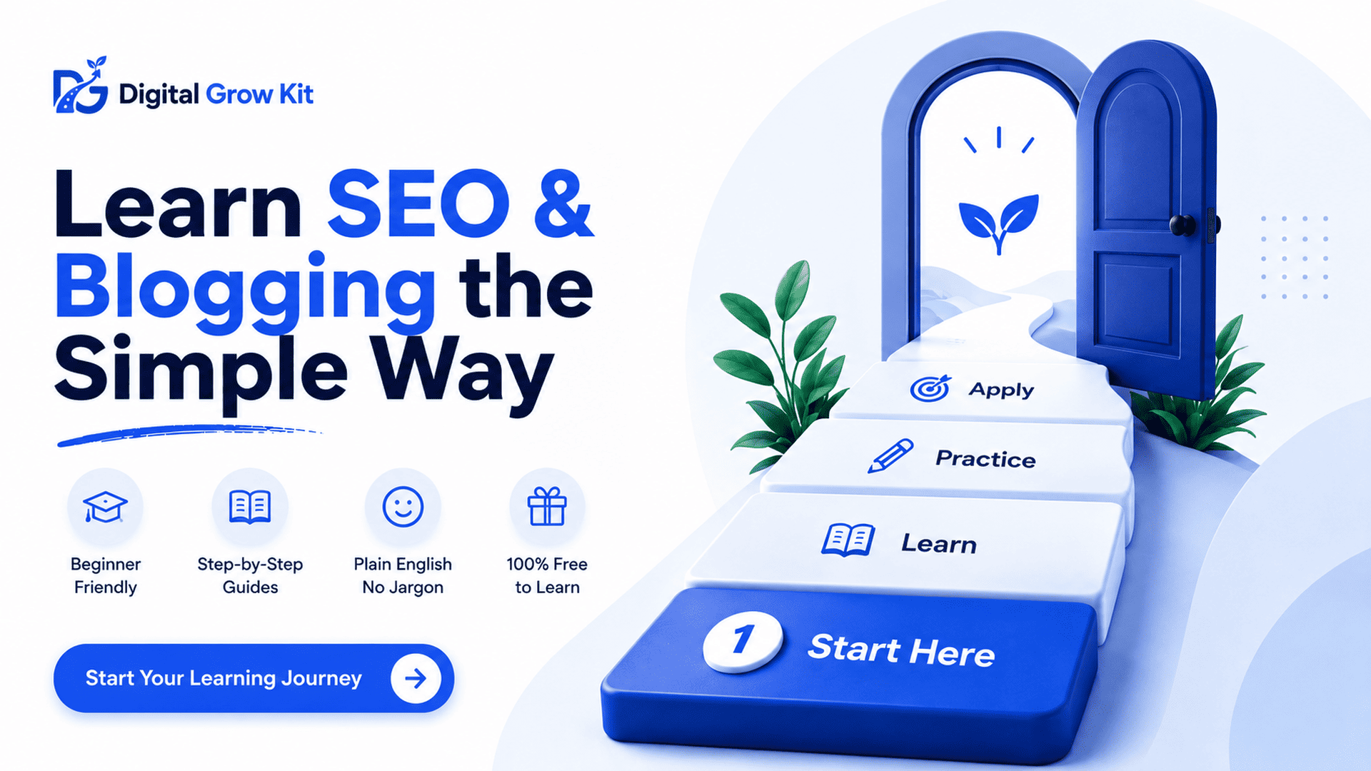 Digital Grow Kit homepage teaching beginners SEO and blogging through simple step-by-step learning