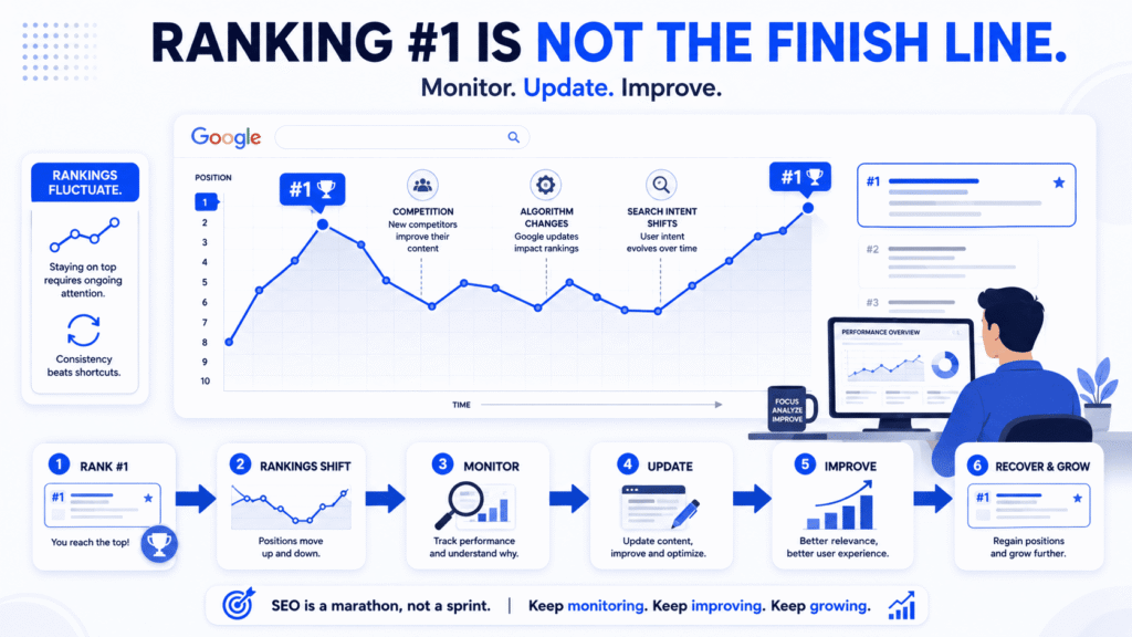 Digital Grow Kit illustration showing SEO ranking fluctuations, monitoring, updating, and recovery