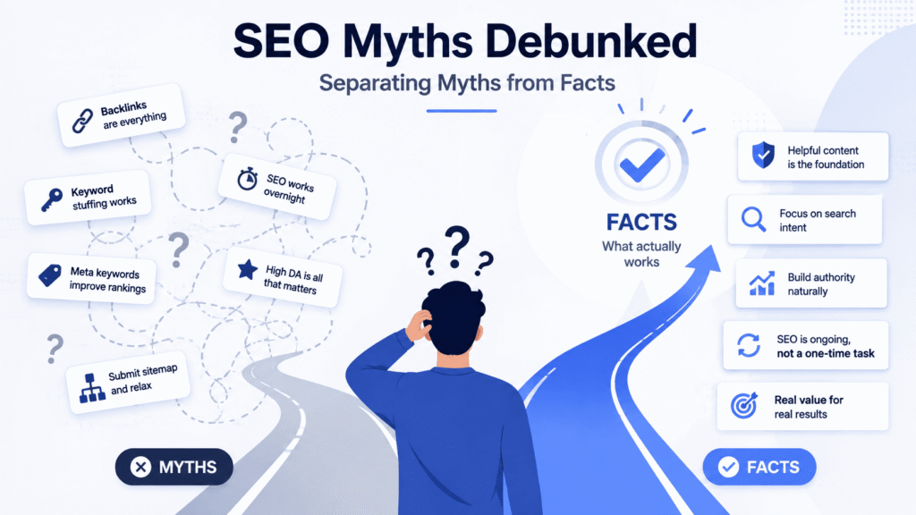Digital Grow Kit illustration showing SEO myths and facts separated through a clear path
