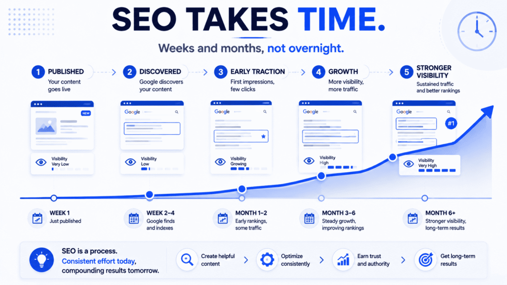 Digital Grow Kit SEO timeline showing gradual growth from publishing content to stronger search visibility