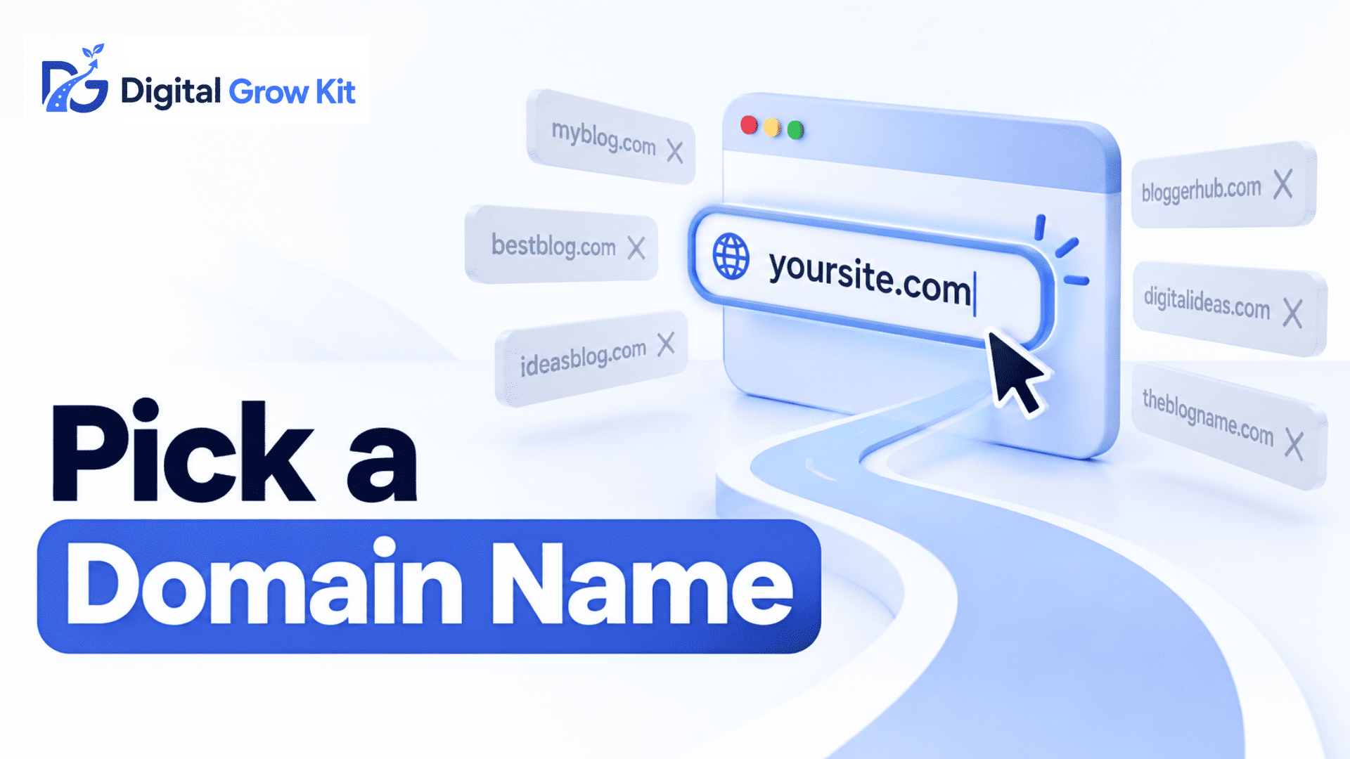 Illustration showing how to pick a domain name by narrowing down unavailable options to one suitable web address
